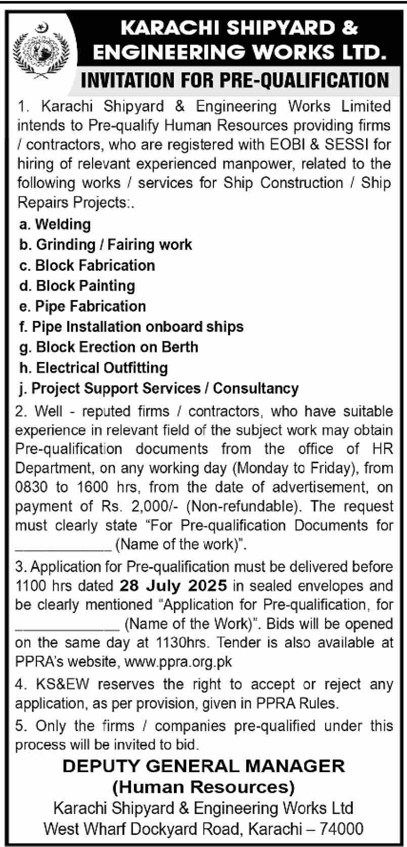 Karachi Shipyard & Engineering Works Limited Karachi Tender Notice